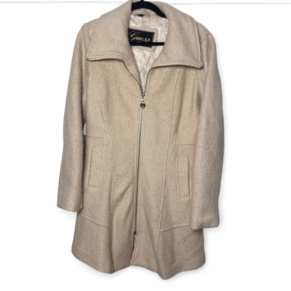 Guess Cream Wool Blend Coat Women’s Large | Zip Front Flared Jacket - Picture 1 of 7